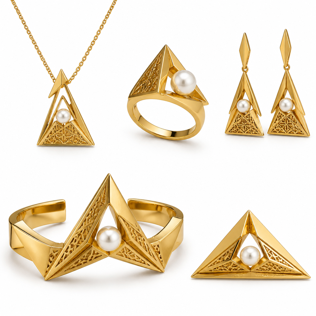 Create an exclusive haute joaillerie 21K yellow gold jewelry collection inspired by the majestic pyramids of Giza and contemporary Arabic architecture. The design should embrace minimalism with bold triangular geometry, clean lines, layered pyramid silhouettes, and delicate Islamic geometric motifs engraved into the gold. Natural white pearls float gracefully within the geometric framework, creating a striking contrast between softness and structure. Elegant proportions, luxurious craftsmanship, modern Middle Eastern aesthetic, premium high jewelry, polished yellow gold, subtle matte textures, architectural elegance, timeless luxury, editorial jewelry photography, ultra-realistic, cinematic lighting, white seamless background, 8K.
photorealistic jewelry design, Create an exclusive haute joaillerie 21K yellow gold jewelry collection inspired by the majestic pyramids of Giza and contemporary Arabic architecture. The design should embrace minimalism with bold triangular geometry, clean lines, layered pyramid silhouettes, and delicate Islamic geometric motifs engraved into the gold. Natural white pearls float gracefully within the geometric framework, creating a striking contrast between softness and structure. Elegant proportions, luxurious craftsmanship, modern Middle Eastern aesthetic, premium high jewelry, polished yellow gold, subtle matte textures, architectural elegance, timeless luxury, editorial jewelry photography, ultra-realistic, cinematic lighting, white seamless background, 8K., mediterranean style, just the design no text