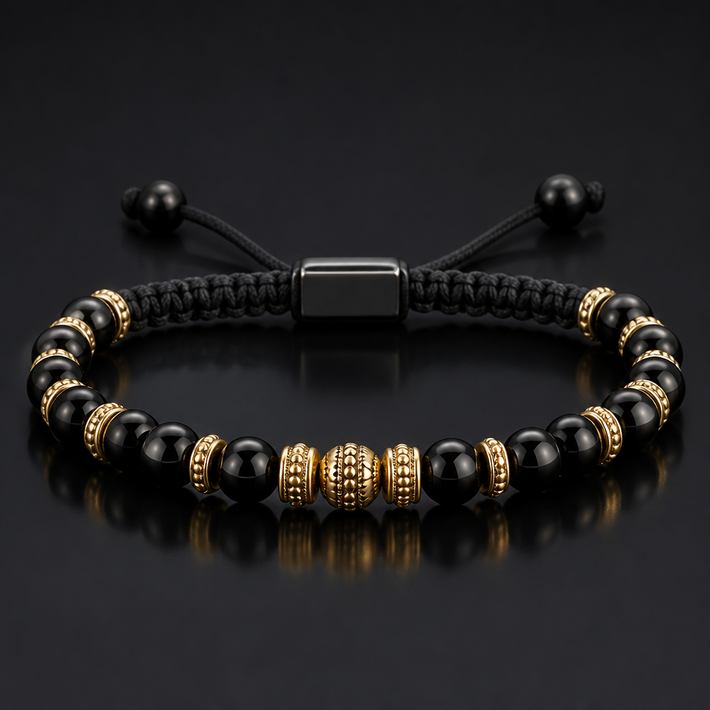 Create a realistic 3D bracelet with:
- adjustable braided black cord
- 19 glossy black spherical beads
- 13 textured metallic gold spacer beads
- center gold bead cluster
- symmetrical bead layout
- gunmetal rectangular clasp
- luxury jewelry style
- physically accurate materials
- studio product rendering
photorealistic jewelry design, Create a realistic 3D bracelet with:
- adjustable braided black cord
- 19 glossy black spherical beads
- 13 textured metallic gold spacer beads
- center gold bead cluster
- symmetrical bead layout
- gunmetal rectangular clasp
- luxury jewelry style
- physically accurate materials
- studio product rendering, just the design no text