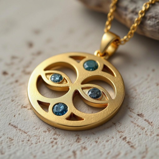 Подвеска из матового золота с узорами и мелкими необработанными матовыми камнями в форме двух пересекающихся окружностей и глаза между ними