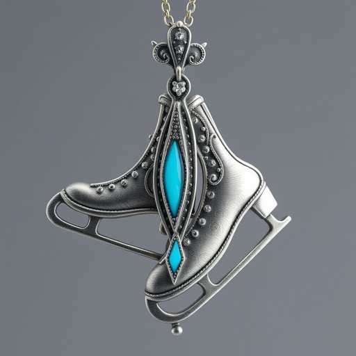 Silver pendant in the shape of ice skating blades with a turquoise stripe within the blade