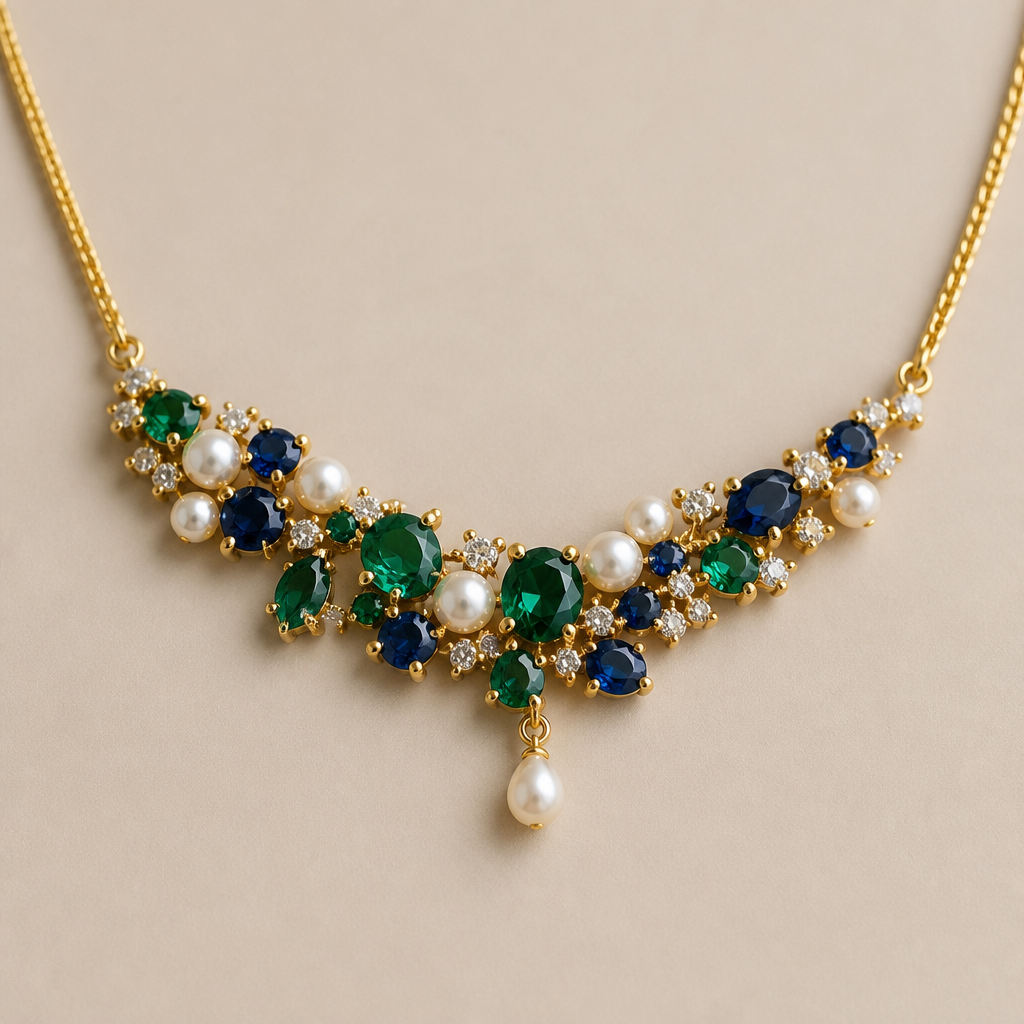 A cluster women's necklace made of gold with emerald and pearl and sapphire stones suitable for gift
