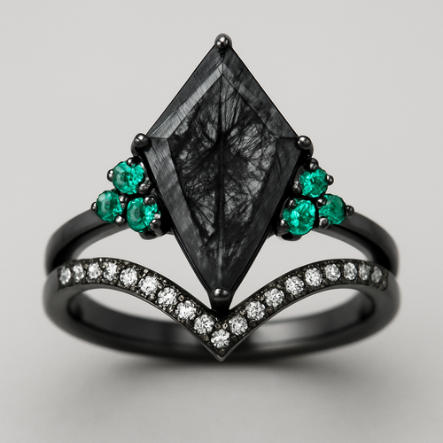 Black band, long kite cut rutilated black quartz upside down, emerald accent stones 3 on each side in a cluster, add a wedding band that curves around main stone with black and white stones