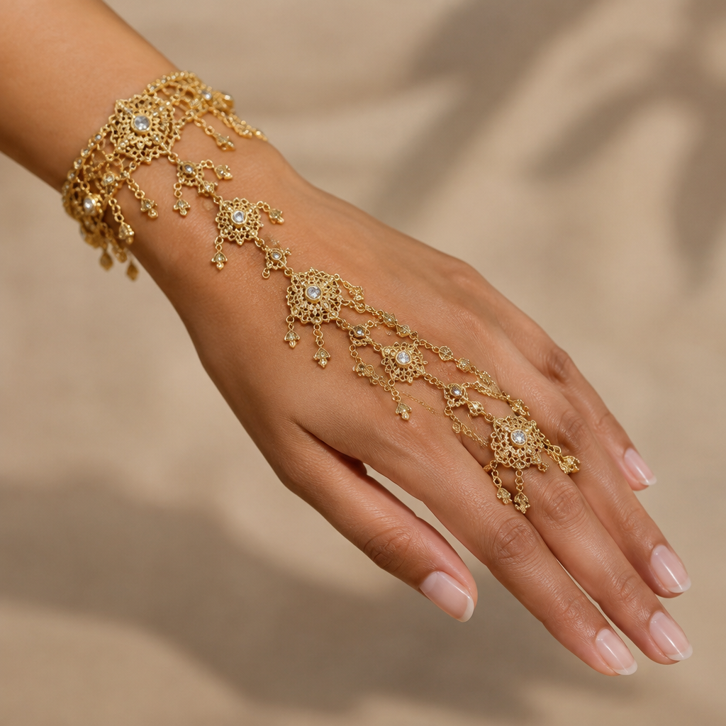 Hand chain Middle East style
photorealistic jewelry design, Hand chain Middle East style
, just the design no text