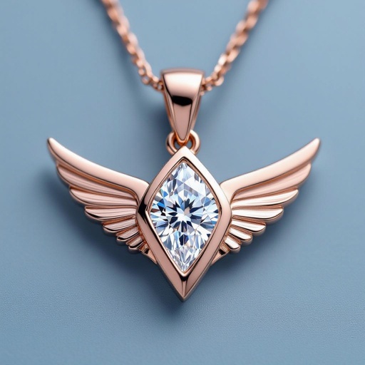 Design a contemporary pendant featuring a single, large diamond shaped like a wing, symbolizing freedom and elegance. The diamond is elegantly set in a sleek, minimalist rose gold frame that accentuates its brilliance. The modern aesthetic is enhanced with clean lines and asymmetry, making it a striking statement piece for the avant-garde wearer.