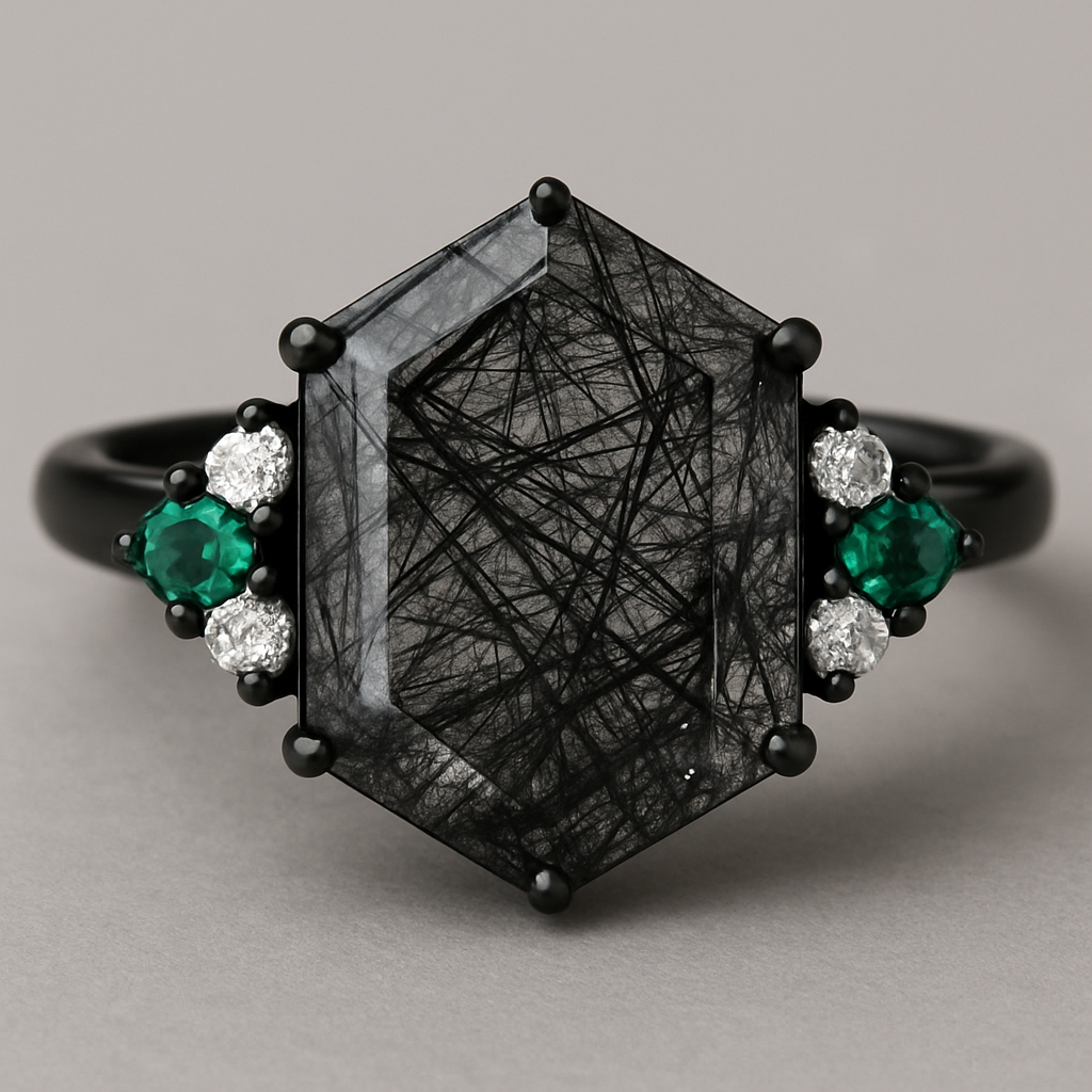 Hexagon cut Black rutilated quartz with 1 emerald on each side and 2 moissanite on each side accent stones in a cluster on a black band