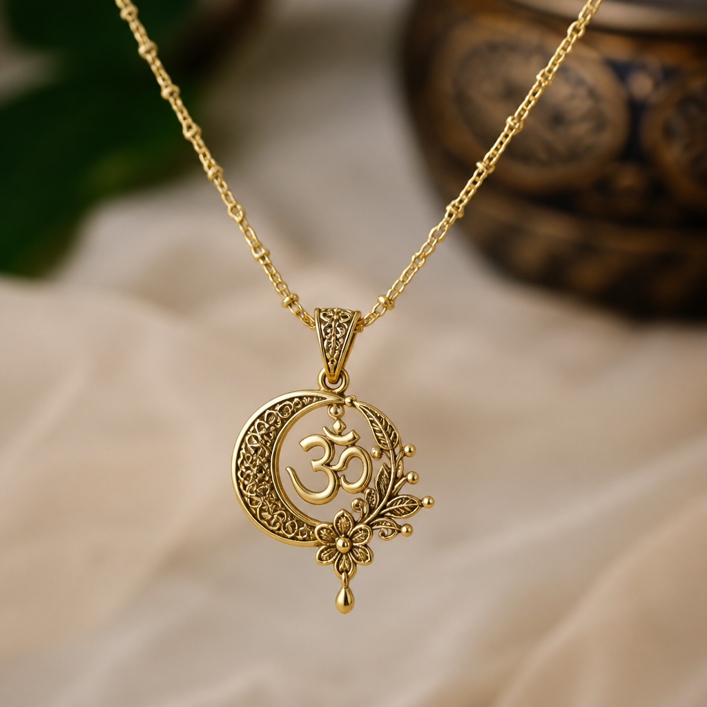 A vintage women's necklace made of gold suitable for daily wear, detailed and decorative, moderately ornate. design a simple ,elegant & unique design include om and moon for daily use.its gives an unique look.its gives both traditional and modern looks also
photorealistic jewelry design, A vintage women's necklace made of gold suitable for daily wear, detailed and decorative, moderately ornate. design a simple ,elegant & unique design include om and moon for daily use.its gives an unique look.its gives both traditional and modern looks also, vintage style, just the design no text