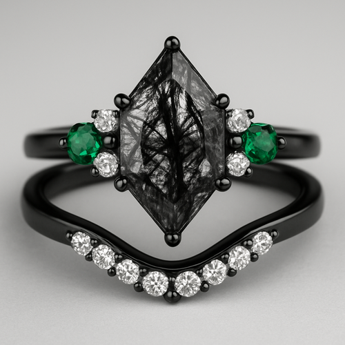 Kite cut Black rutilated quartz with 1 emerald on each side and 3 moissanite on each side accent stones in a cluster on a black band, separate wedding band black with moissanite stones that curves around the main stone 