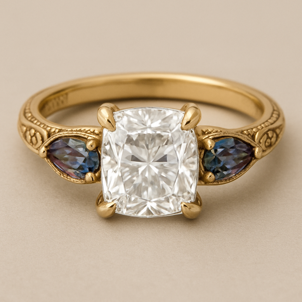 2 carat elongated cushion cut diamond engagement ring with double claw prongs in yellow gold ring with marquise shaped alexandrite side stones