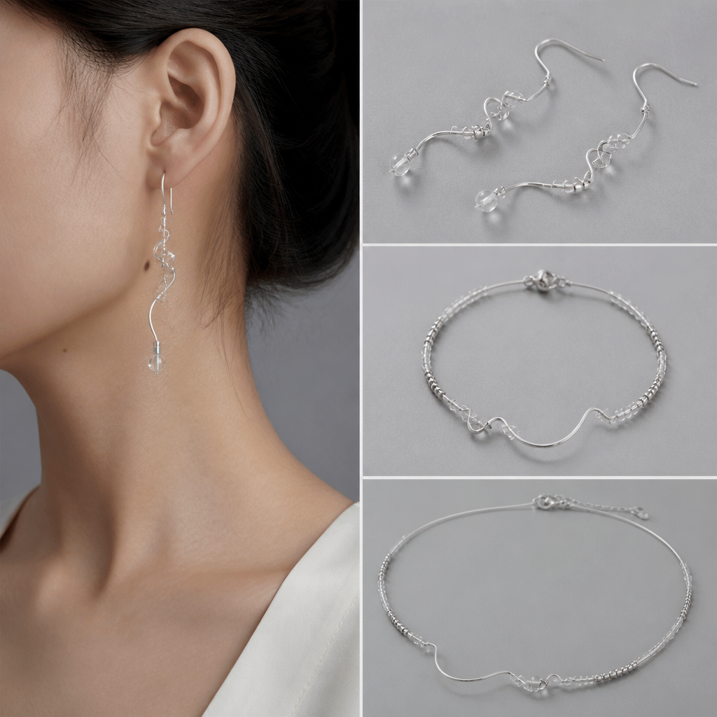 A avant-garde women's earrings made of silver suitable for daily wear, ultra-minimalist, very simple and clean, understated, no embellishments. made from wire, seed beads and crystal beads a set of earrings with matching bracelet and necklace
photorealistic jewelry design, A avant-garde women's earrings made of silver suitable for daily wear, ultra-minimalist, very simple and clean, understated, no embellishments. made from wire, seed beads and crystal beads a set of earrings with matching bracelet and necklace, avant_garde style, just the design no text