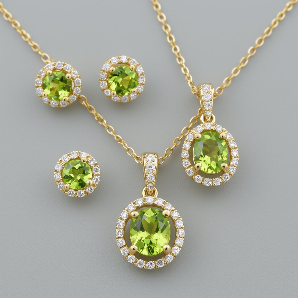 Necklace and earring with peridot and diamond with gold
