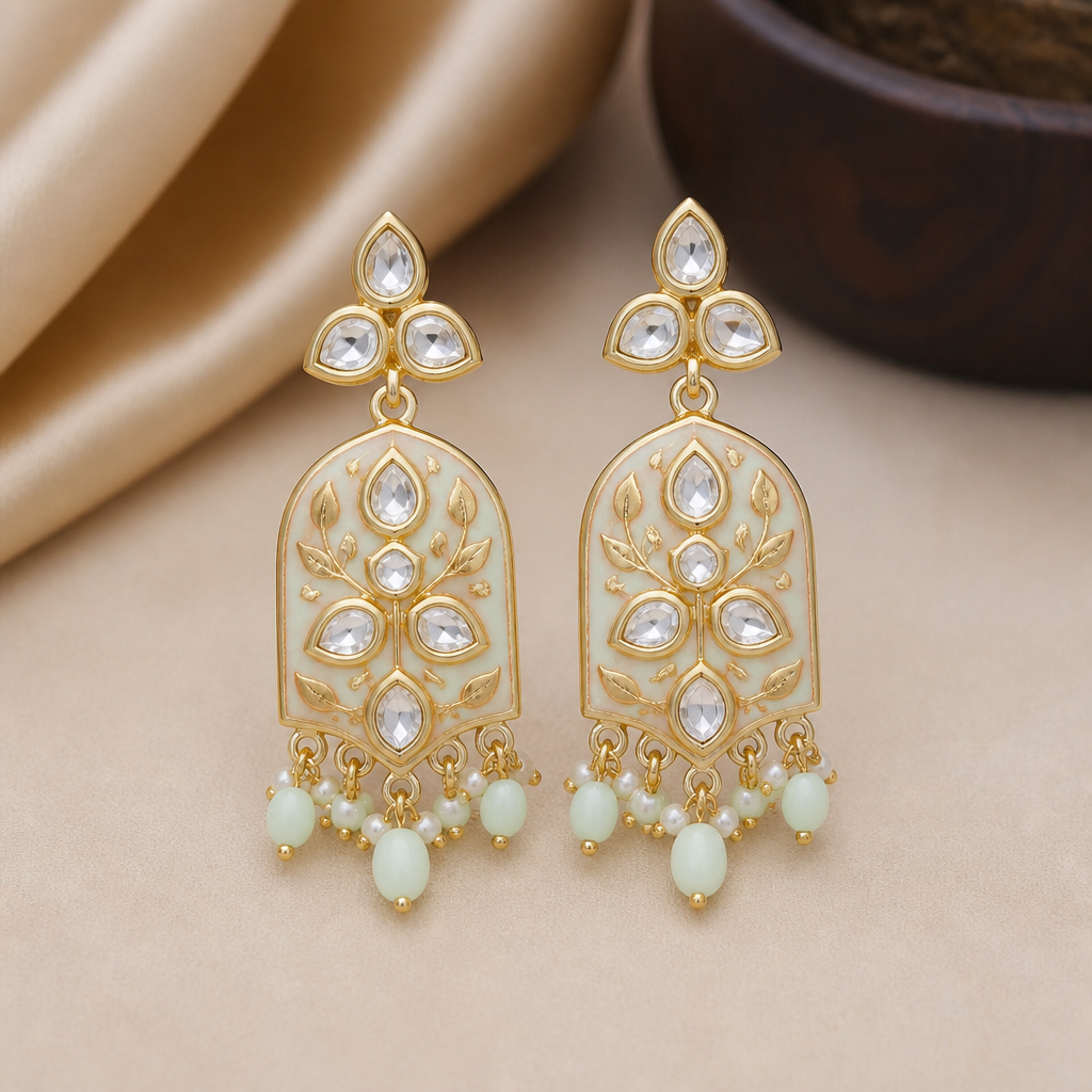 A women's ring. a kundan made royal earring not much heavy
photorealistic jewelry design, A women's ring. a kundan made royal earring not much heavy, modern style, just the design no text