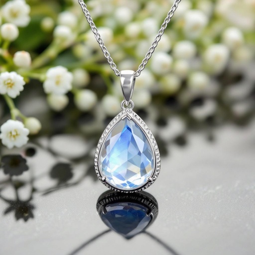 A 50 carat drop-cut IFF moonstone necklace with silver lining around it 