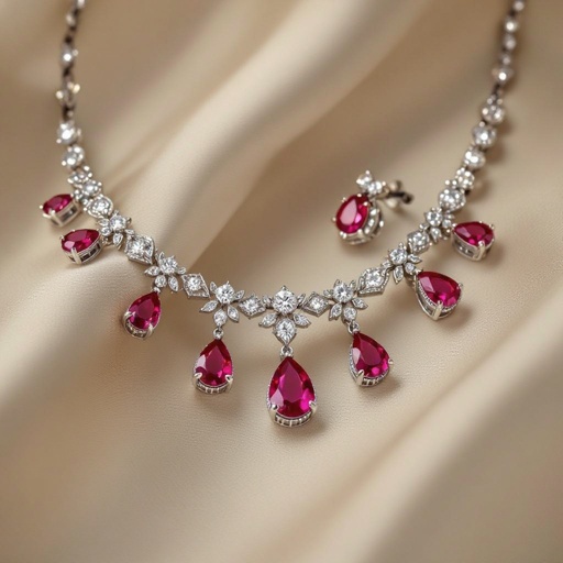 Colorful spinal luxury necklace long pear drop style and luxury earring set Platinum necklace, ruby pear drops, diamond accents, prong setting. Matching platinum earrings, ruby pear drops, diamond accents, prong setting.