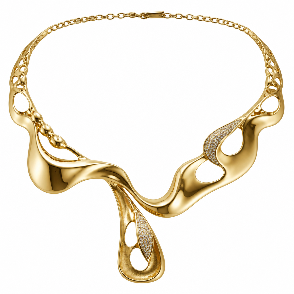"Create a futuristic luxury 22K pure gold statement necklace for a young woman. The design should be bold, sculptural, and fashion-forward, featuring flowing organic curves inspired by liquid gold, asymmetrical elements, negative space detailing, and a sleek architectural silhouette. No traditional floral or temple motifs. The necklace should look like a designer masterpiece from a luxury fashion house, with smooth mirror-polished gold surfaces, hidden diamond accents, and an innovative contemporary aesthetic. Elegant yet powerful, minimal yet eye-catching. High-end jewelry photography, realistic 22K gold texture, luxury editorial style, white background, ultra-detailed craftsmanship, photorealistic 4K render."
photorealistic jewelry design, "Create a futuristic luxury 22K pure gold statement necklace for a young woman. The design should be bold, sculptural, and fashion-forward, featuring flowing organic curves inspired by liquid gold, asymmetrical elements, negative space detailing, and a sleek architectural silhouette. No traditional floral or temple motifs. The necklace should look like a designer masterpiece from a luxury fashion house, with smooth mirror-polished gold surfaces, hidden diamond accents, and an innovative contemporary aesthetic. Elegant yet powerful, minimal yet eye-catching. High-end jewelry photography, realistic 22K gold texture, luxury editorial style, white background, ultra-detailed craftsmanship, photorealistic 4K render.", byzantine style, just the design no text