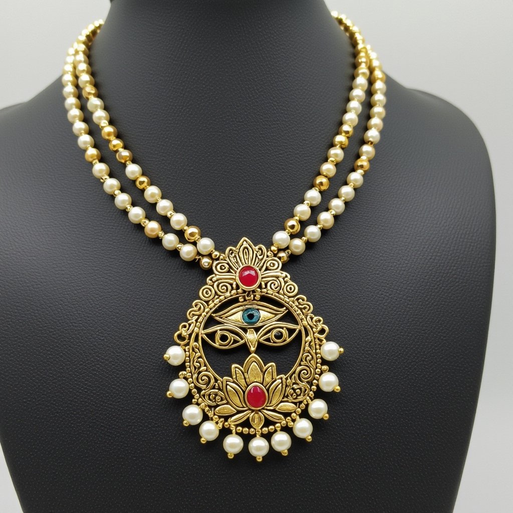 Кулон на длинной цепочке. Матовое светлое золото. В цепочке небольшие золотые шарики и жемчуг. Кулон в виде двух глаз над ними лотос с маленьким красным камнем внутри узоры завитушки 