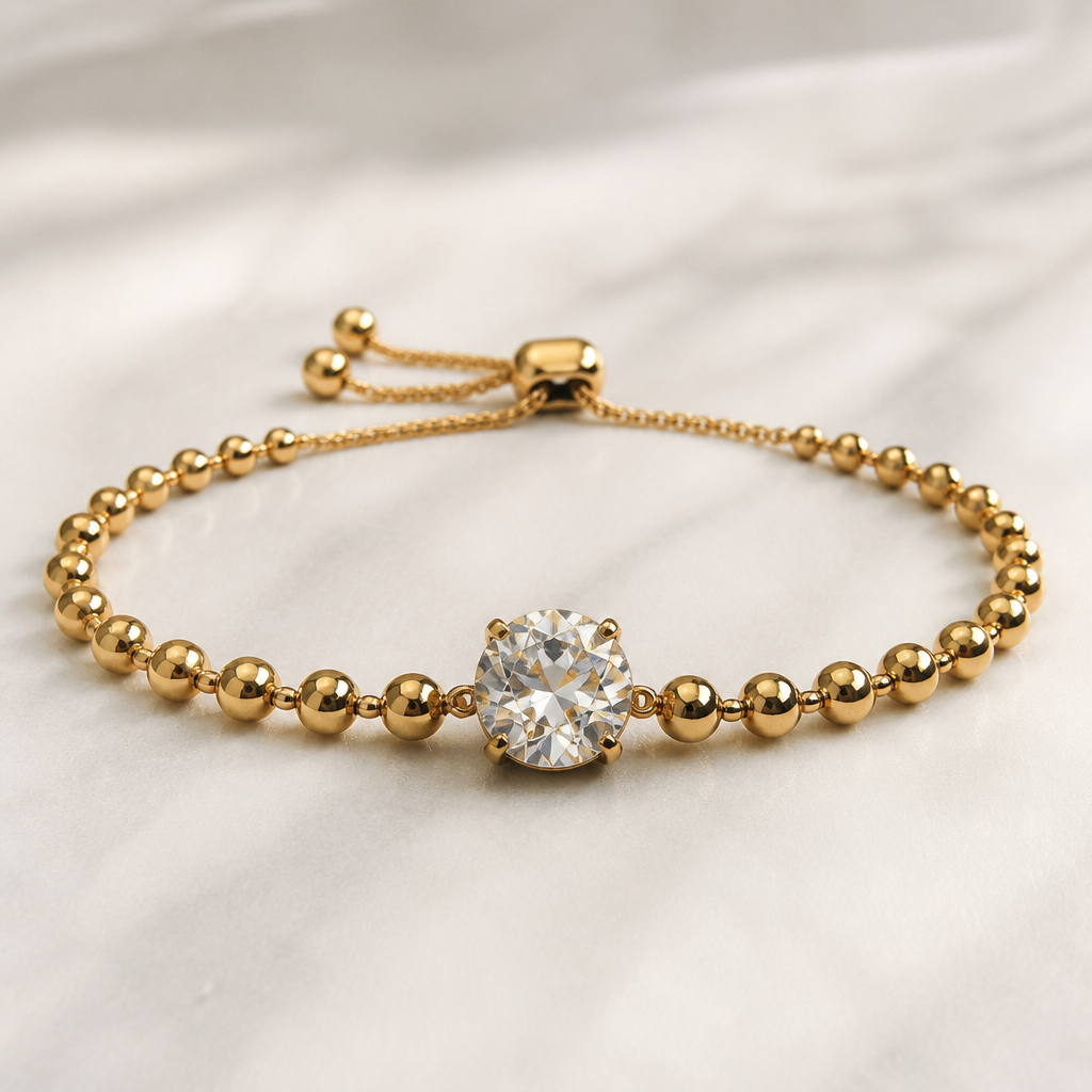 Gold bola bracelet with one 3ct Portuguese cut diamond in the middle
photorealistic jewelry design, Gold bola bracelet with one 3ct Portuguese cut diamond in the middle , just the design no text