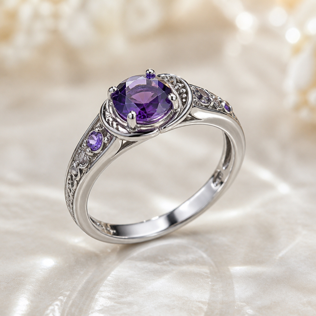 A luxury women's ring made of silver with amethyst stones suitable for gift. on one side of the amethyst engraved " Febuary" And on the other side engraved " other side" both engraved on both sides of amethyst stone.
photorealistic jewelry design, A luxury women's ring made of silver with amethyst stones suitable for gift. on one side of the amethyst engraved " Febuary" And on the other side engraved " other side" both engraved on both sides of amethyst stone., luxury style, just the design no text