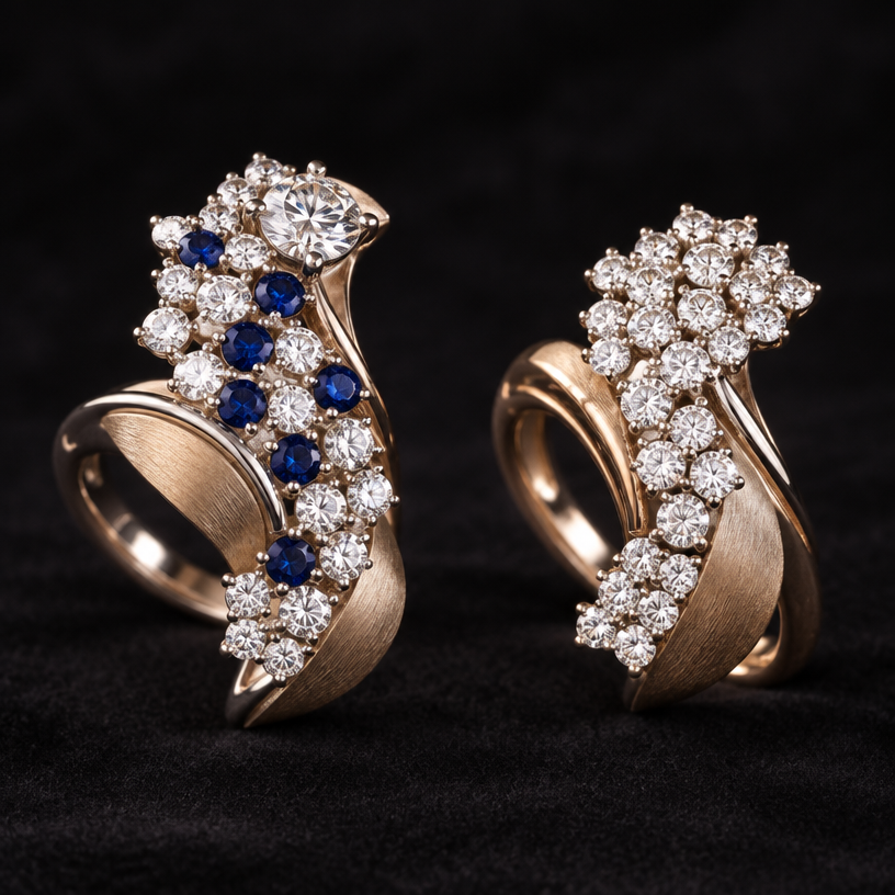 A contemporary women's ring made of mixed metal with diamond and sapphire stones. design 2 rings using the photo for gem size reference. the first ring should contain 33 of the smaller diamonds, 7 of the sapphires, and the one larger diamond. the 2nd ring should contain 34 of the smaller diamonds.
using the attached image as a visual reference, create A contemporary women's ring made of mixed metal with diamond and sapphire stones. design 2 rings using the photo for gem size reference. the first ring should contain 33 of the smaller diamonds, 7 of the sapphires, and the one larger diamond. the 2nd ring should contain 34 of the smaller diamonds.. photorealistic, just the design no text