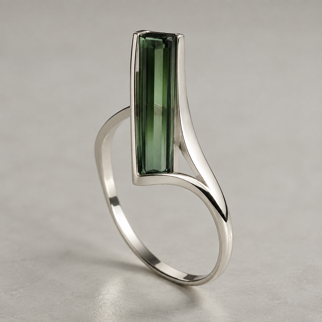 A women's ring made of silver, minimalist, simple and delicate, clean lines. I have a long rectangle tourmaline. I want you to make something youve never seen made
photorealistic jewelry design, A women's ring made of silver, minimalist, simple and delicate, clean lines. I have a long rectangle tourmaline. I want you to make something youve never seen made, modern style, just the design no text