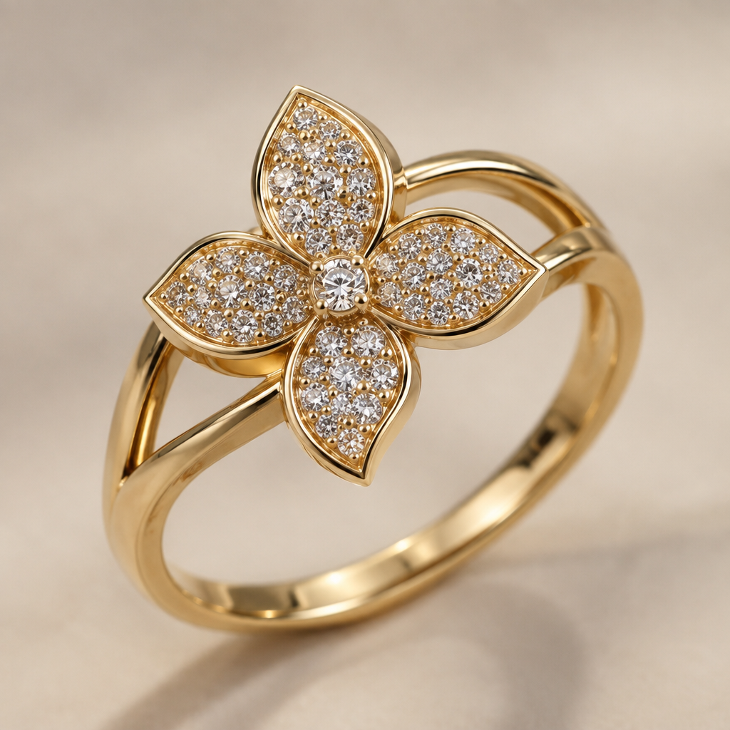 A women's ring made of gold. A gold ring in the shape of a four-petaled rose, its petals studded with jewels, with two intersecting lines holding the four-petaled rose in place.
photorealistic jewelry design, A women's ring made of gold. A gold ring in the shape of a four-petaled rose, its petals studded with jewels, with two intersecting lines holding the four-petaled rose in place., modern style, just the design no text