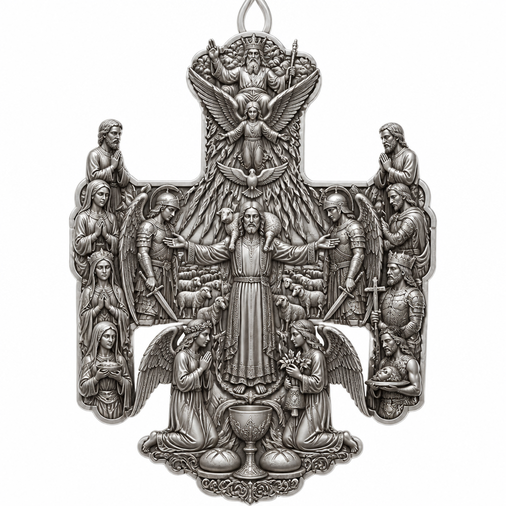 A sculptural women's pendant made of silver suitable for festival. An extraordinary excellent beautiful delicate and elegant, super modern Cross, without stones, without background only the Cross, with Jesus Christ as the Good Shepherd with a beautiful delicate and elegant face, with long hair, with a beautiful delicate elegant and fit body, with His hands wide open to receive all of us, with a beautiful delicate elegant and beautifully ornated tunic, with a beautiful delicate and elegant sheep on His shoulders, with a beautiful delicate and elegant flock of beautiful delicate and elegant sheep backward of Him. Over Jesus Christ and the flock to be placed the Holy Spirit as an Angel with a beautiful delicate and elegant face, with long hair, with big wings flying, with a beautiful delicate elegant and fit body, with a beautiful delicate elegant and beautifully ornated tunic under the Angel to be placed a beautiful delicate and elegant dove flying both of them the Angel and the dove to be surrounded by tongues of fire radiating light to Jesus Christ and the flock. Over the Holy Spirit to be placed God the Father with a beautiful delicate and elegant face, with long hair, with a beautiful delicate elegant and fit body, with a beautiful delicate and elegant tunic, with a beautiful delicate and elegant sceptre at His left hand blessing the world with His right hand, with a beautiful delicate elegant and beautifully ornated crown on His head. At the bottom of the Cross to be placed the Holy Communion with a beautiful delicate elegant and beautifully ornated chalice and two breads around the chalice. At the lower right side of the Cross to be stacked one by one Saint John the Baptist with a beautiful delicate elegant and beautifully ornated platter with his head on it. Over Saint John the Baptist to be placed Saint Constantine with a beautiful delicate and elegant face, with long hair, with a beautiful delicate and elegant crown on his head, with a beautiful delicate elegant and fit body, with a beautiful delicate and elegant armour holding a beautiful delicate elegant and beautifully ornated Cross. Over Saint Constantine to be placed Saint George with a beautiful delicate and elegant face, with long hair, with a beautiful delicate elegant and beautifully ornated helmet with a beautiful delicate elegant and fit body, with a beautiful delicate elegant and beautifully ornated armour, holding a beautiful delicate and elegant sword with his right hand at low position and near the floor giving respect to the Holy Trinity and Praying. Over Saint George to be placed Saint Peter the Apostle Praying. At the left lower side of the Cross to be placed stacked Saint Paraskevi with a beautiful delicate and elegant face, with long hair, with a beautiful delicate elegant and beautifully curved body, with a beautiful delicate elegant and beautifully ornated tunic holding a bowl with two eyes in it. Over Saint Paraskevi to be placed Saint Irene with a beautiful delicate and elegant face, with long hair, with a beautiful delicate elegant and beautifully ornated wreath on her head, with a beautiful delicate elegant and beautifully curved body, with a beautiful delicate elegant and beautifully ornated tunic Praying. Over Saint Irene to be placed Virgo Maria with a beautiful delicate and elegant face, with beautifully ornated long hair, with a beautiful delicate elegant and beautifully curved body, with a beautiful delicate elegant and beautifully ornated tunic Praying. Over Virgo Maria to be placed Saint Paul the Apostle Praying. At the right side of the Cross to be placed Saint Michael the Archangel with a beautiful delicate and elegant face, with long hair, with a beautiful delicate elegant and beautifully ornated helmet, with a beautiful delicate elegant and fit body, with big wings flying, with a beautiful delicate elegant and beautifully ornated armour, holding His beautiful delicate elegant and beautifully ornated sword low to the ground giving respect to the Holy Trinity and Praying. In front of Saint Michael the Archangel to be placed Saint Gabriel the Archangel with a beautiful delicate and elegant face, with long hair, with a beautiful delicate elegant and beautifully ornated helmet on His head, with a beautiful delicate elegant and fit body, with big wings flying, with a beautiful delicate elegant and beautifully ornated armour, holding a beautiful delicate elegant and beautifully ornated bucket of lilyes and Praying. At the left side of the Cross to be placed Saint Rafael the Archangel with a beautiful delicate and elegant face, with long hair, with a beautiful delicate elegant and beautifully ornated helmet, with a beautiful delicate elegant and fit body, with big wings flying, with a beautiful delicate elegant and beautifully ornated armour, holding a beautiful delicate elegant and beautifully ornated sword with his right hand low giving respect to the Holy Trinity and Praying. In front of Saint Rafael the Archangel to be placed the Guardian Angel with a beautiful delicate and elegant face, with long hair, with a beautiful delicate elegant and beautifully ornated with flowers wreath on His head, with a beautiful delicate elegant and fit body, with a beautiful delicate elegant and beautifully ornated tunic Praying. Make all the Angels, the Saints, God the Father, the Holy Spirit and Jesus Christ and the flock as statues.
photorealistic jewelry design, A sculptural women's pendant made of silver suitable for festival. An extraordinary excellent beautiful delicate and elegant, super modern Cross, without stones, without background only the Cross, with Jesus Christ as the Good Shepherd with a beautiful delicate and elegant face, with long hair, with a beautiful delicate elegant and fit body, with His hands wide open to receive all of us, with a beautiful delicate elegant and beautifully ornated tunic, with a beautiful delicate and elegant sheep on His shoulders, with a beautiful delicate and elegant flock of beautiful delicate and elegant sheep backward of Him. Over Jesus Christ and the flock to be placed the Holy Spirit as an Angel with a beautiful delicate and elegant face, with long hair, with big wings flying, with a beautiful delicate elegant and fit body, with a beautiful delicate elegant and beautifully ornated tunic under the Angel to be placed a beautiful delicate and elegant dove flying both of them the Angel and the dove to be surrounded by tongues of fire radiating light to Jesus Christ and the flock. Over the Holy Spirit to be placed God the Father with a beautiful delicate and elegant face, with long hair, with a beautiful delicate elegant and fit body, with a beautiful delicate and elegant tunic, with a beautiful delicate and elegant sceptre at His left hand blessing the world with His right hand, with a beautiful delicate elegant and beautifully ornated crown on His head. At the bottom of the Cross to be placed the Holy Communion with a beautiful delicate elegant and beautifully ornated chalice and two breads around the chalice. At the lower right side of the Cross to be stacked one by one Saint John the Baptist with a beautiful delicate elegant and beautifully ornated platter with his head on it. Over Saint John the Baptist to be placed Saint Constantine with a beautiful delicate and elegant face, with long hair, with a beautiful delicate and elegant crown on his head, with a beautiful delicate elegant and fit body, with a beautiful delicate and elegant armour holding a beautiful delicate elegant and beautifully ornated Cross. Over Saint Constantine to be placed Saint George with a beautiful delicate and elegant face, with long hair, with a beautiful delicate elegant and beautifully ornated helmet with a beautiful delicate elegant and fit body, with a beautiful delicate elegant and beautifully ornated armour, holding a beautiful delicate and elegant sword with his right hand at low position and near the floor giving respect to the Holy Trinity and Praying. Over Saint George to be placed Saint Peter the Apostle Praying. At the left lower side of the Cross to be placed stacked Saint Paraskevi with a beautiful delicate and elegant face, with long hair, with a beautiful delicate elegant and beautifully curved body, with a beautiful delicate elegant and beautifully ornated tunic holding a bowl with two eyes in it. Over Saint Paraskevi to be placed Saint Irene with a beautiful delicate and elegant face, with long hair, with a beautiful delicate elegant and beautifully ornated wreath on her head, with a beautiful delicate elegant and beautifully curved body, with a beautiful delicate elegant and beautifully ornated tunic Praying. Over Saint Irene to be placed Virgo Maria with a beautiful delicate and elegant face, with beautifully ornated long hair, with a beautiful delicate elegant and beautifully curved body, with a beautiful delicate elegant and beautifully ornated tunic Praying. Over Virgo Maria to be placed Saint Paul the Apostle Praying. At the right side of the Cross to be placed Saint Michael the Archangel with a beautiful delicate and elegant face, with long hair, with a beautiful delicate elegant and beautifully ornated helmet, with a beautiful delicate elegant and fit body, with big wings flying, with a beautiful delicate elegant and beautifully ornated armour, holding His beautiful delicate elegant and beautifully ornated sword low to the ground giving respect to the Holy Trinity and Praying. In front of Saint Michael the Archangel to be placed Saint Gabriel the Archangel with a beautiful delicate and elegant face, with long hair, with a beautiful delicate elegant and beautifully ornated helmet on His head, with a beautiful delicate elegant and fit body, with big wings flying, with a beautiful delicate elegant and beautifully ornated armour, holding a beautiful delicate elegant and beautifully ornated bucket of lilyes and Praying. At the left side of the Cross to be placed Saint Rafael the Archangel with a beautiful delicate and elegant face, with long hair, with a beautiful delicate elegant and beautifully ornated helmet, with a beautiful delicate elegant and fit body, with big wings flying, with a beautiful delicate elegant and beautifully ornated armour, holding a beautiful delicate elegant and beautifully ornated sword with his right hand low giving respect to the Holy Trinity and Praying. In front of Saint Rafael the Archangel to be placed the Guardian Angel with a beautiful delicate and elegant face, with long hair, with a beautiful delicate elegant and beautifully ornated with flowers wreath on His head, with a beautiful delicate elegant and fit body, with a beautiful delicate elegant and beautifully ornated tunic Praying. Make all the Angels, the Saints, God the Father, the Holy Spirit and Jesus Christ and the flock as statues., sculptural style, just the design no text