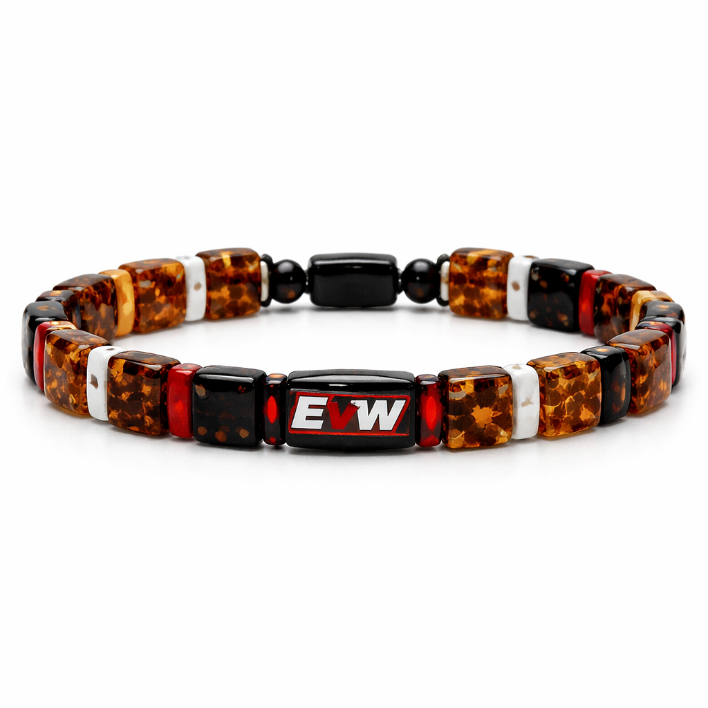 Do not use silver or gold or bronze and bracelet for man only amber different shapes square stones small size EVW logo on the amber stone red and black and white colours