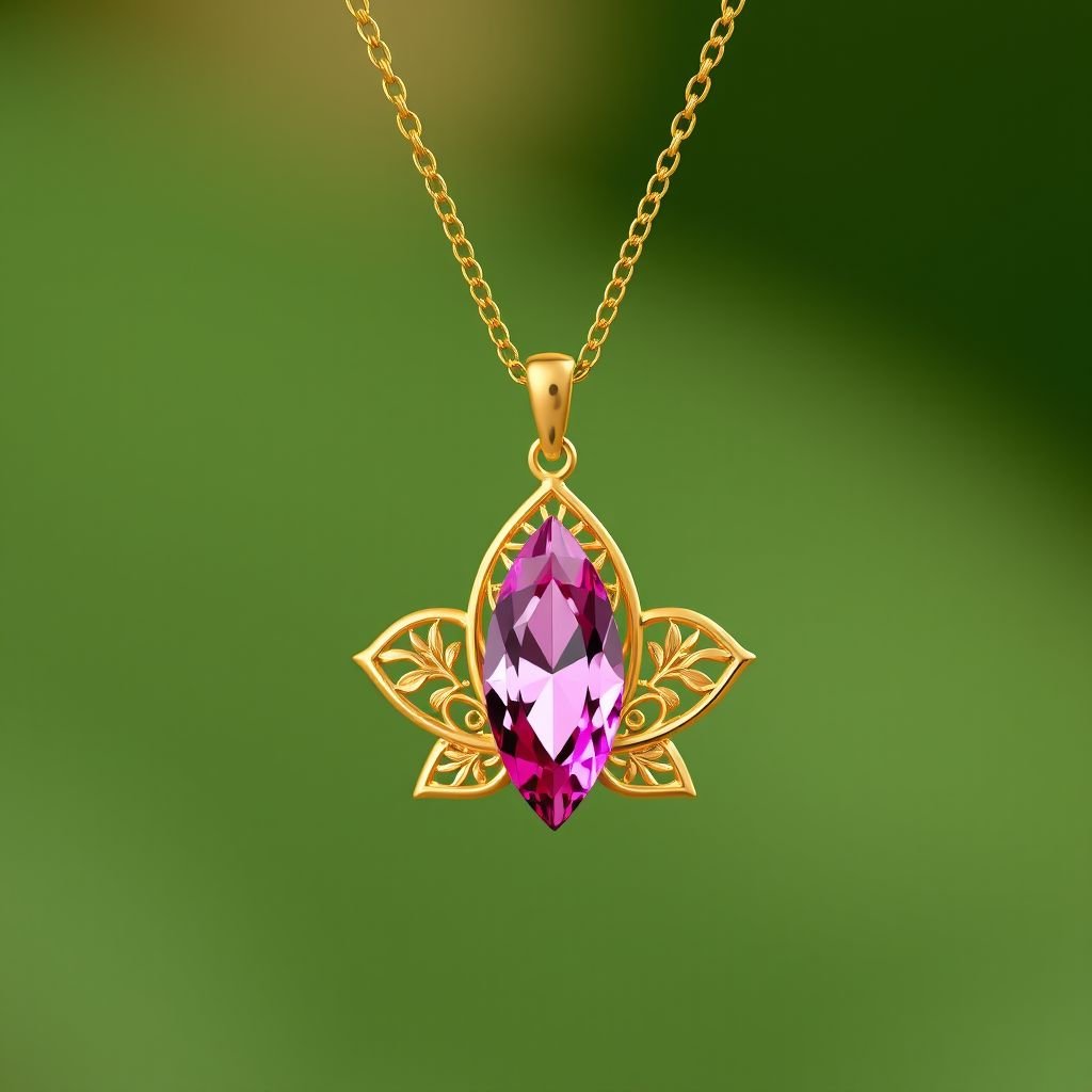 A everyday wear but delicate small gold necklace with a pink pendant color gemstone in a marquise cut. All the details are delicate and they rappresent the petals of the flower lotus.