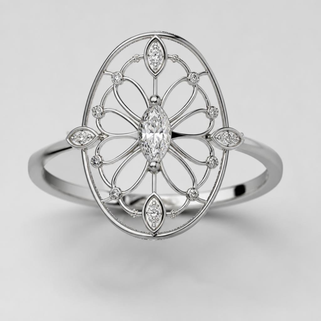 A women's ring made of silver with diamond stones. bague style mandala feminin delicat et metal avec plusieurs fine ligne, avec et sans diamant de forme oval exterieur pierre marquise au centre, anneau simple
photorealistic jewelry design, A women's ring made of silver with diamond stones. bague style mandala feminin delicat et metal avec plusieurs fine ligne, avec et sans diamant de forme oval exterieur pierre marquise au centre, anneau simple, modern style, just the design no text