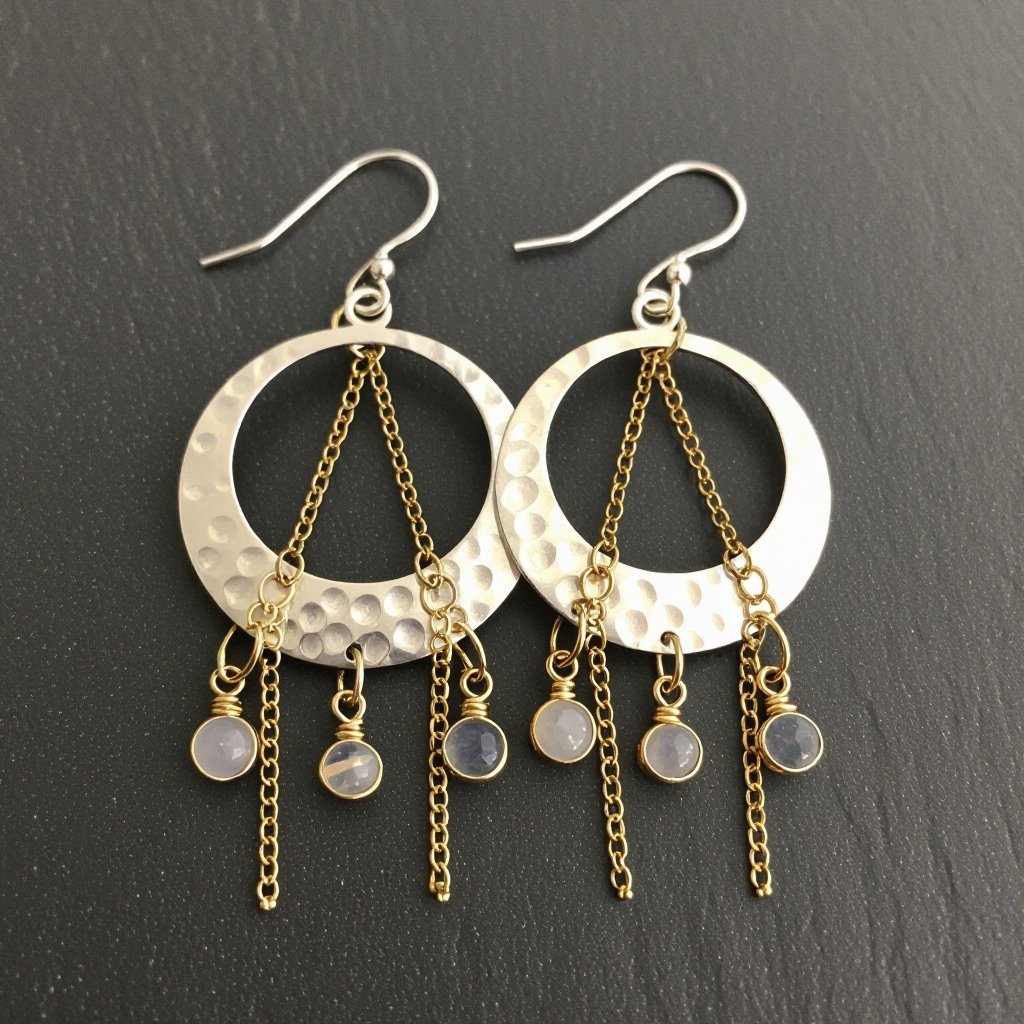 Серебряные серьги словно мятое серебро в форме полумесяца вертикальныйсверху крепится к швензе. От полумесяца идет три цепочки золотого цвета, у каждой на конце мелкий камушек лунный камень