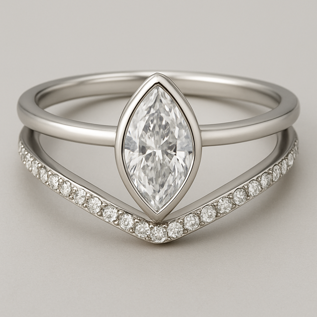 Create an engagement ring with a pave band but add a plain band to both sides. Let the plain bands create a floating split shank above the pave band that holds a marquise cut diamond in a north and south bezel. No prongs.