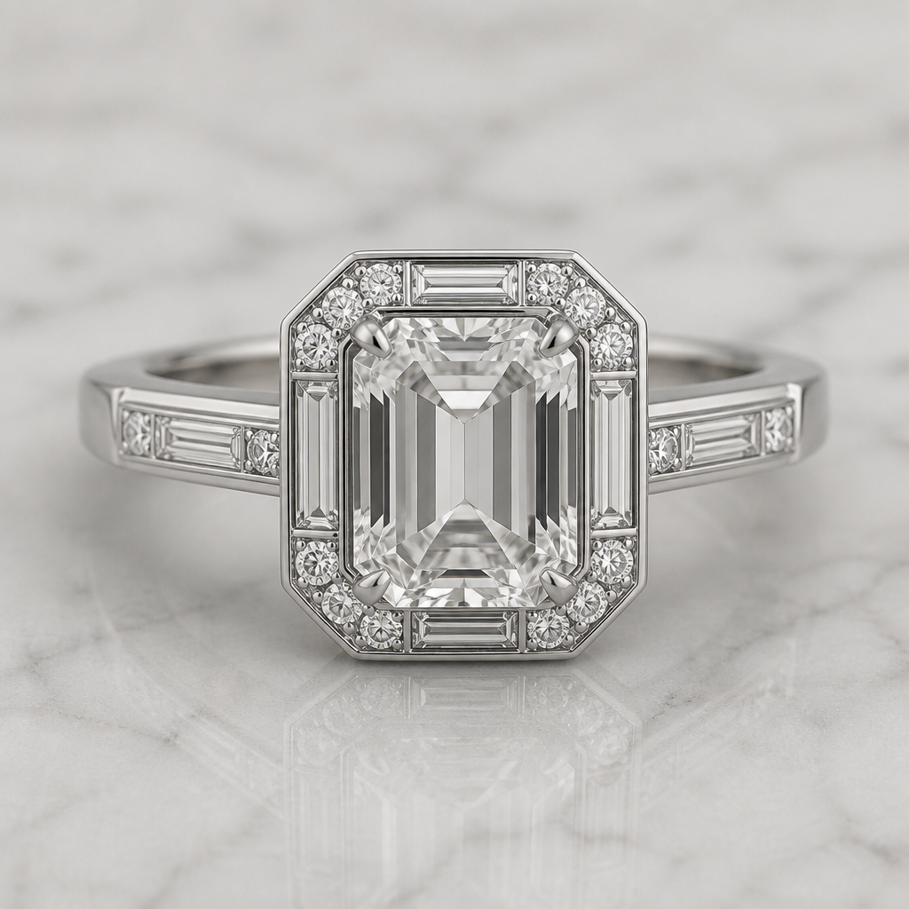 Engagement ring in white gold with geometric art deco halo
photorealistic jewelry design, Engagement ring in white gold with geometric art deco halo, geometric style, just the design no text