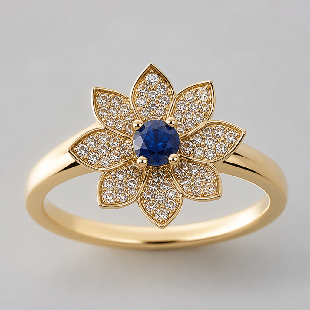 Ring with Litus flower ,1 blu sapphire in the middle and all the petals with little diamonds in yellow gold
photorealistic jewelry design, Ring with Litus flower ,1 blu sapphire in the middle and all the petals with little diamonds in yellow gold , gemstone style, just the design no text