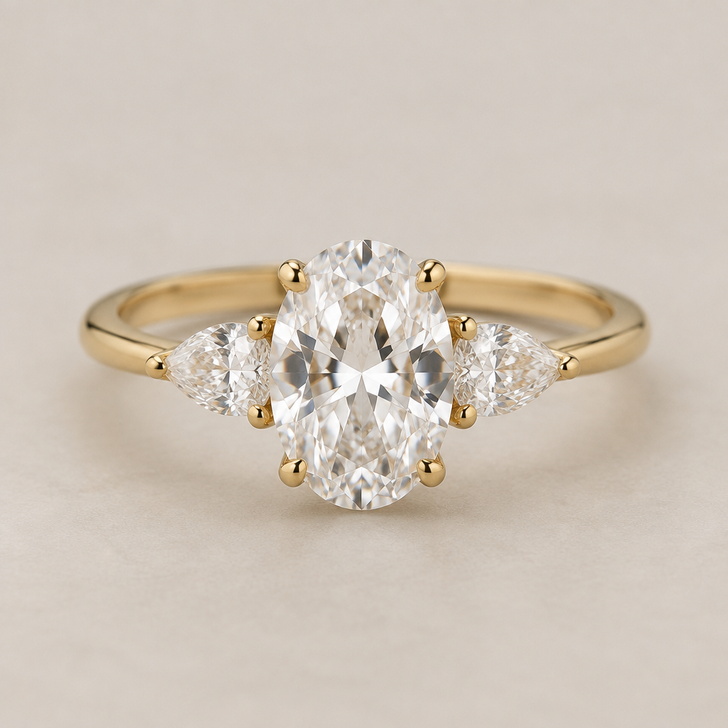 A minimalist women's ring made of gold with diamond stones suitable for engagement. midle stone oval 0.9ct, ant one on each side 0.2ct pear shape stone
photorealistic jewelry design, A minimalist women's ring made of gold with diamond stones suitable for engagement. midle stone oval 0.9ct, ant one on each side 0.2ct pear shape stone, minimalist style, just the design no text