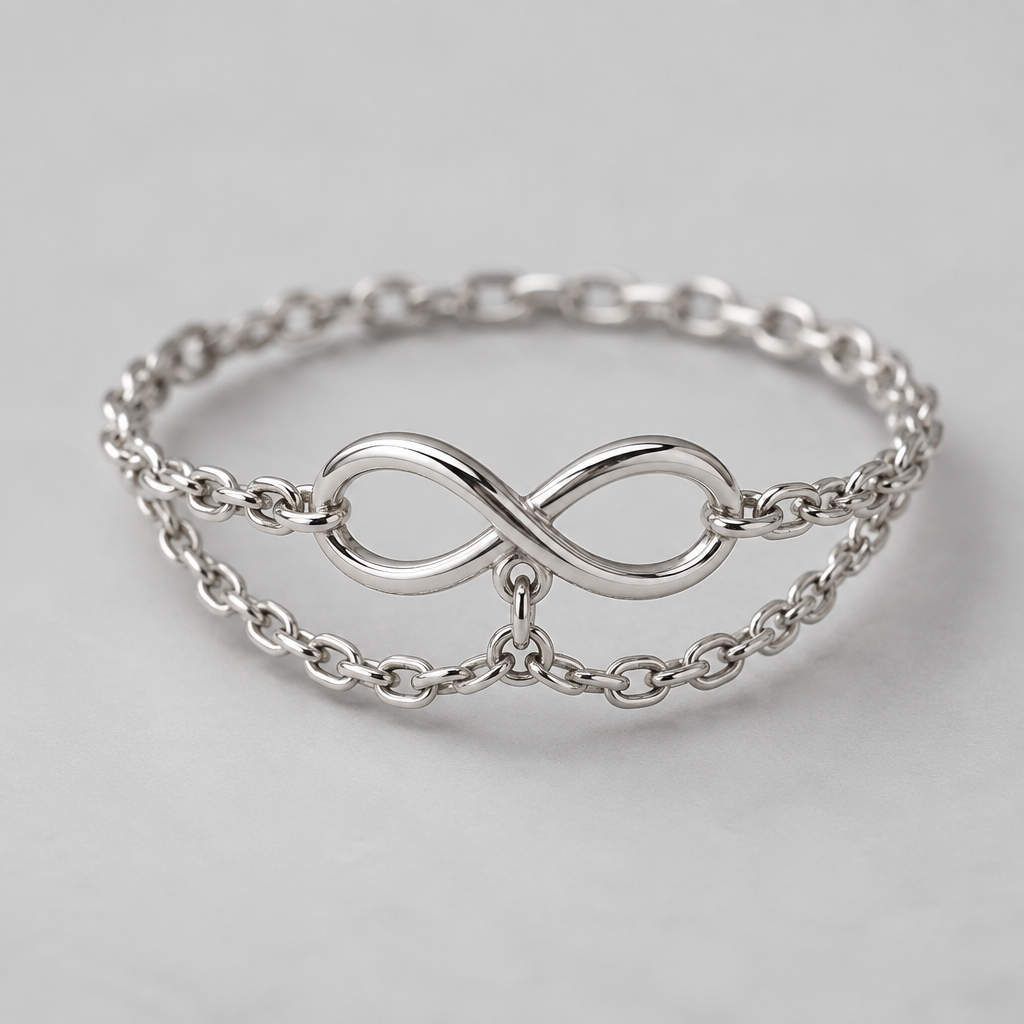 A infinity women's ring made of silver suitable for daily wear. a simple silver chain 2 layers but the bottom one attached from the middle of upper chain
photorealistic jewelry design, A infinity women's ring made of silver suitable for daily wear. a simple silver chain 2 layers but the bottom one attached from the middle of upper chain, infinity style, just the design no text