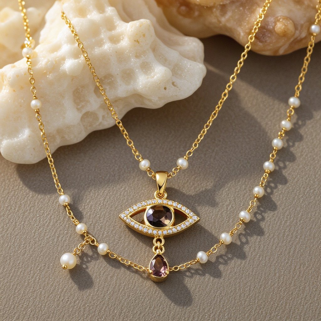 Тонкая цепочка с золотыми шариками и мелкими жемчужными камушками на цепочке есть кулон в форме глаза, зрачок глаза из раухтопаза от глаза идет маленькая подвеска с маленьким камушком 