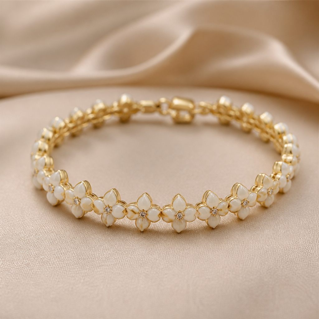 Now can you a bracelet of tiny connected jasmine sambac flowerswith gold frame with a little diamond in the middle of each tiny flower
photorealistic jewelry design, Now can you a bracelet of tiny connected jasmine sambac flowerswith gold frame with a little diamond in the middle of each tiny flower , classic style, just the design no text