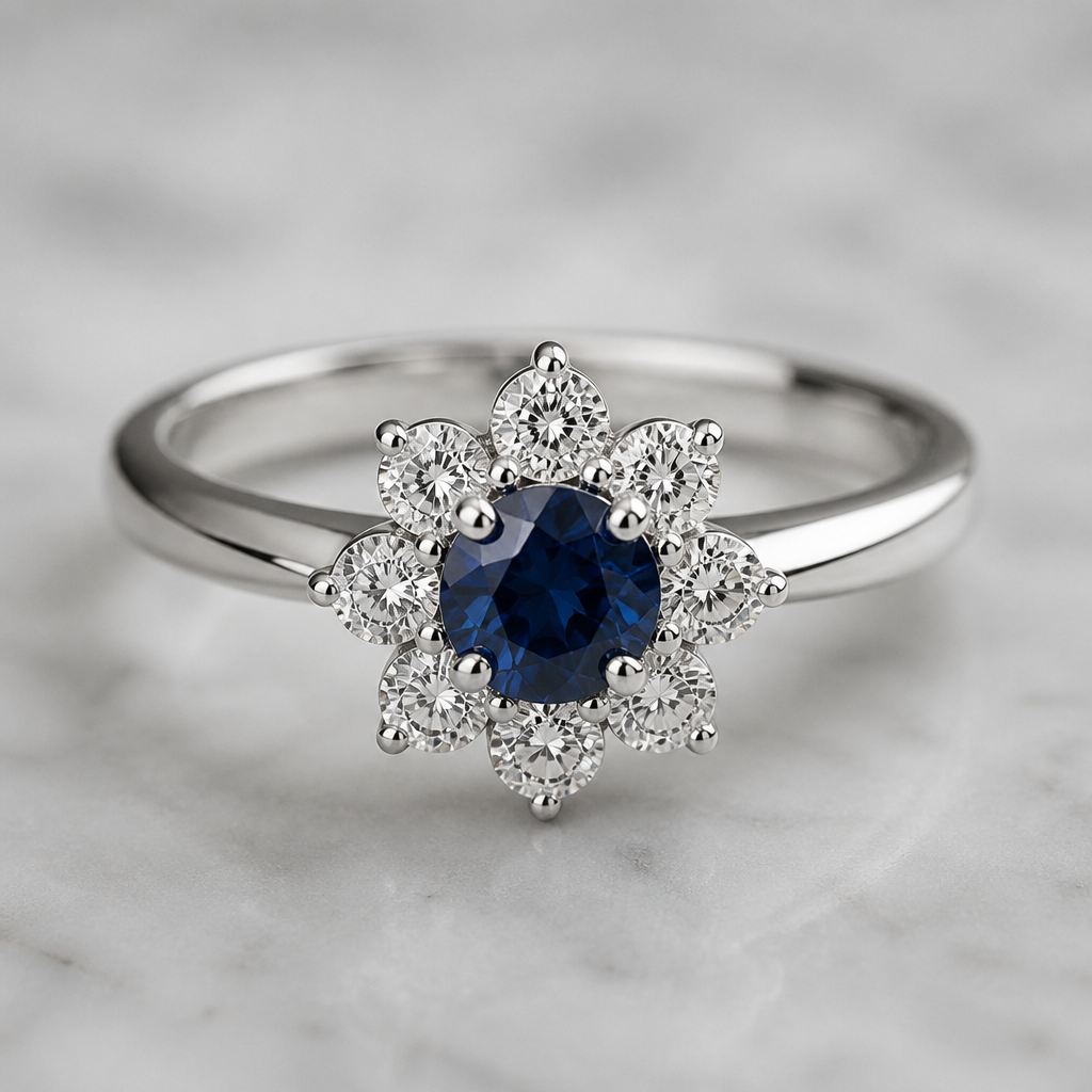 A classic women's ring made of silver with sapphire and diamond stones suitable for birthday. anello con Zaffiro blu centrale rotondo e petali di diamanti montato su oro bianco.
photorealistic jewelry design, A classic women's ring made of silver with sapphire and diamond stones suitable for birthday. anello con Zaffiro blu centrale rotondo e petali di diamanti montato su oro bianco., classic style, just the design no text