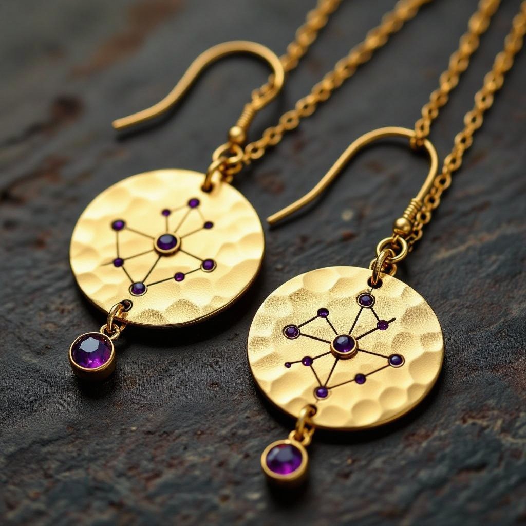 Серьги длинные на цепочках матовое золото мятое. Символ схематично созвездие. Маленькие фиолетовые камушки