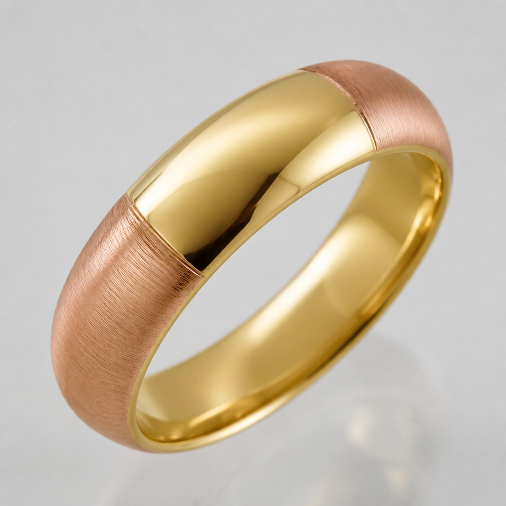 A women's ring. aliança abaulada com as extremidades em Ouro Vermelho escovado e no centro ouro amarelo polido
photorealistic jewelry design, A women's ring. aliança abaulada com as extremidades em Ouro Vermelho escovado e no centro ouro amarelo polido, modern style, just the design no text