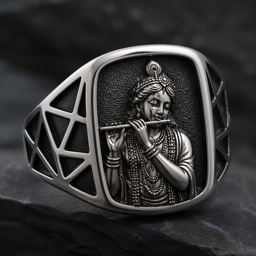 A men's ring. In this ring the middle of the ring lord krishna
photorealistic jewelry design, A men's ring. In this ring the middle of the ring lord krishna, modern style, just the design no text