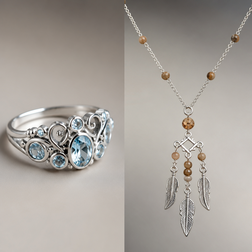 A contemporary women's ring made of silver with topaz stones. light brown gemstone necklace with feathers in stainless steel
using the attached image as a visual reference, create A contemporary women's ring made of silver with topaz stones. light brown gemstone necklace with feathers in stainless steel. photorealistic, just the design no text
