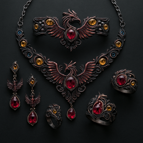 A full Ruby jewelry set including bracelet, earrings and rings with at least 10 citrine and topaz inlays with phoenix themes and an omega necklace