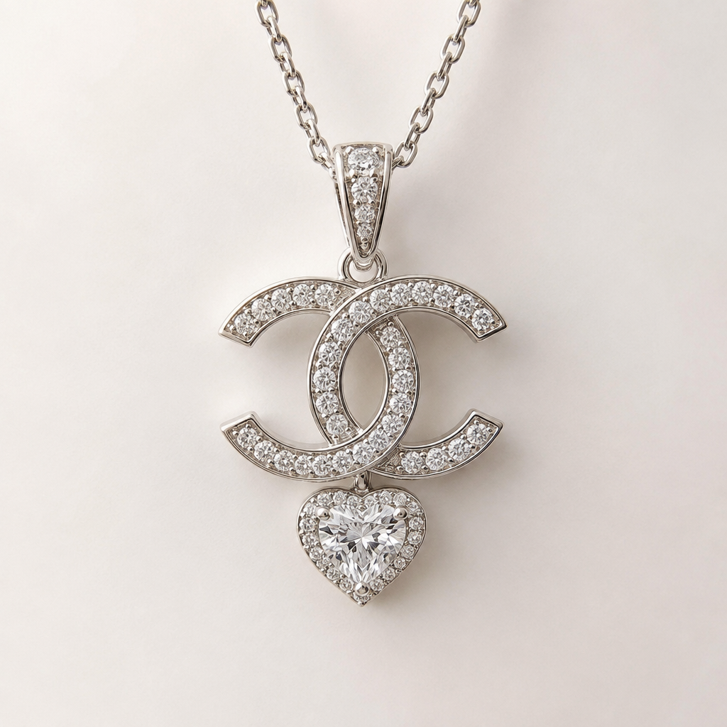 A modern women's pendant made of white gold with diamond stones suitable for daily wear. cost 300$, Chanel design, love symbol,
photorealistic jewelry design, A modern women's pendant made of white gold with diamond stones suitable for daily wear. cost 300$, Chanel design, love symbol,, modern style, just the design no text