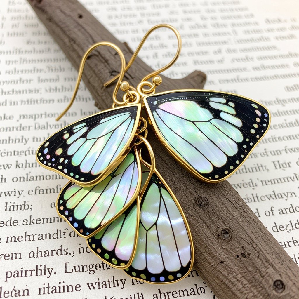 Серьги золотые в виде бирюзового с переливами половины крыла бабочки из перламутра 