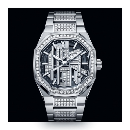 Create a watch of geomatric  shapes and architectural structures and bold edge style of white diamond without any logo or name statement 