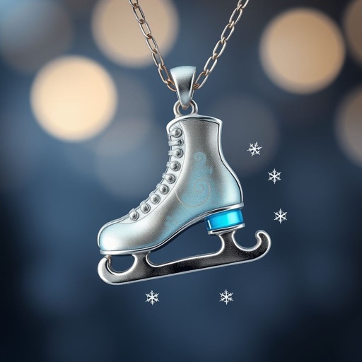Silver Pendant shape one ice skate with turquoise stripe inside the low thin part blade