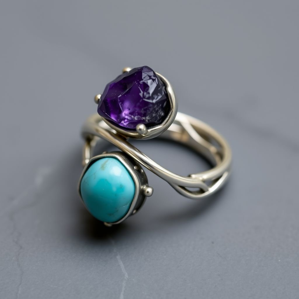 Design silver adjustable ring, use minimum silver, use 2 raw natural gemstones 