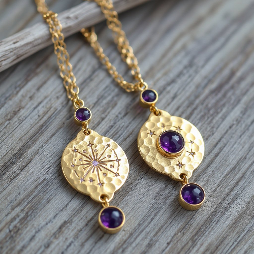 Серьги длинные на цепочках матовое золото мятое. Символ схематично созвездие. Маленькие фиолетовые камушки