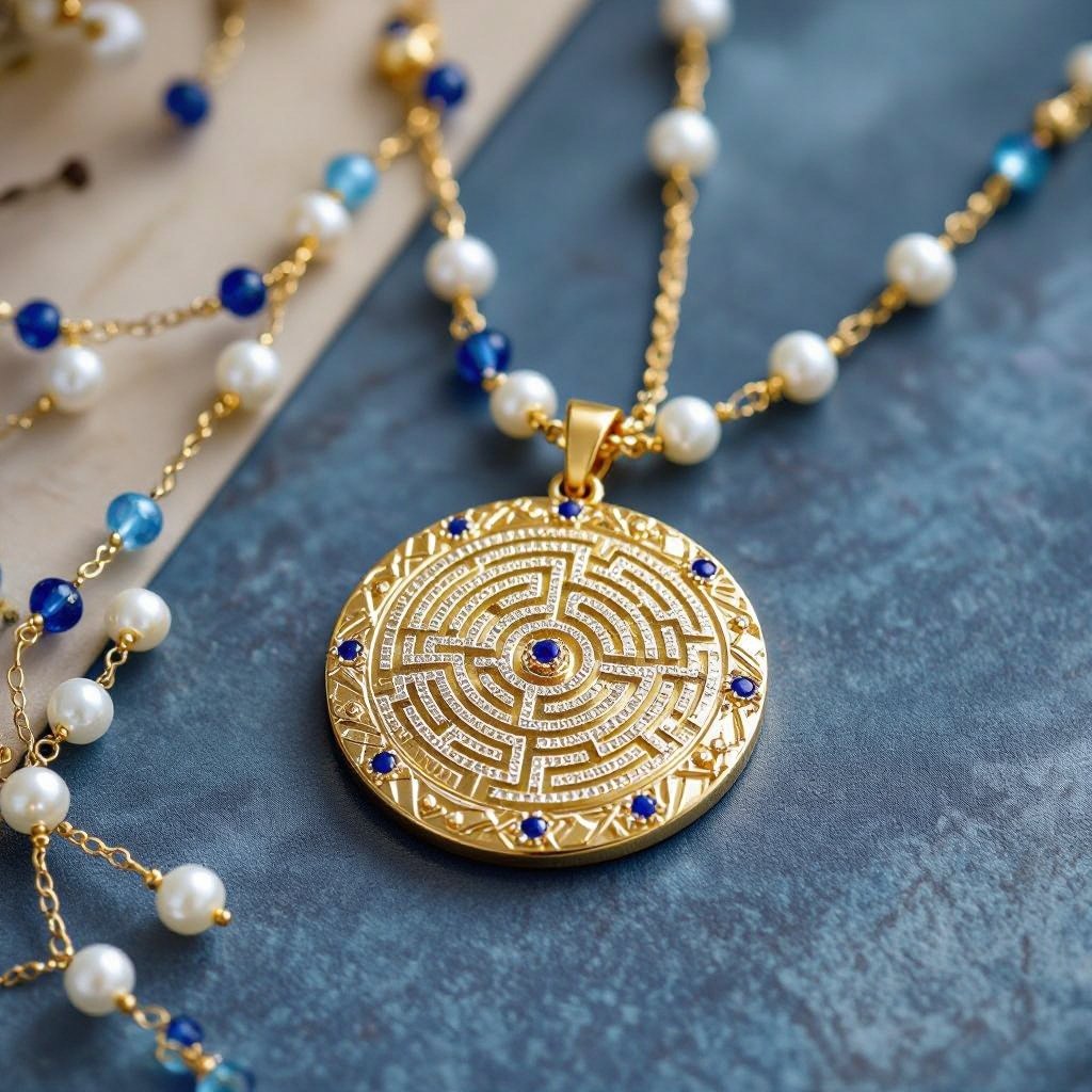 Кулон на длинной цепочке. Матовое светлое золото. В цепочке небольшие золотые шарики и синие камушки и жемчуга. Кулон в форме неровного мятого круга. На круге изображен лабиринт и украшен узорами и мелкими камушками 