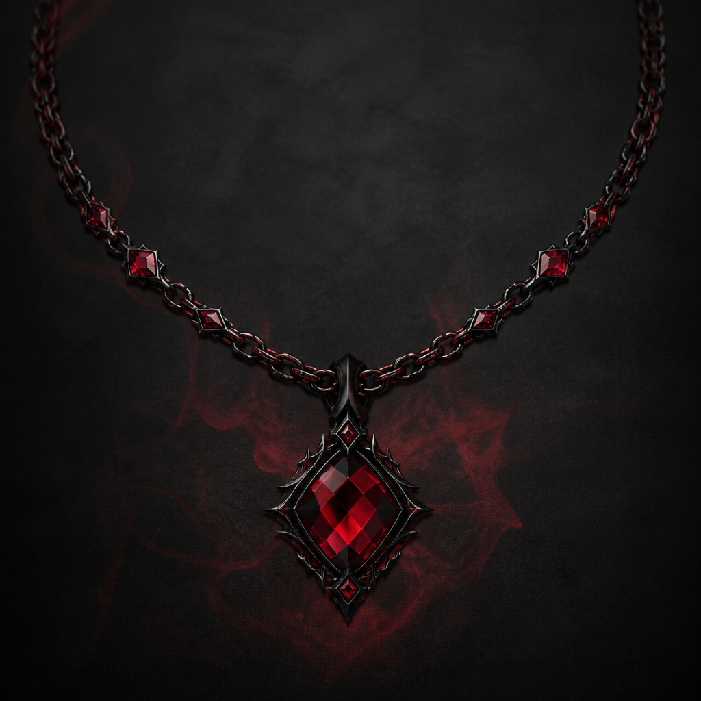 Make me a necklace that's Red and a dark blood red using a black and slightly lighter then blood red, red checkered pattern. Make it have a magiciany touch to it.
photorealistic jewelry design, Make me a necklace that's Red and a dark blood red using a black and slightly lighter then blood red, red checkered pattern. Make it have a magiciany touch to it., modern style, just the design no text